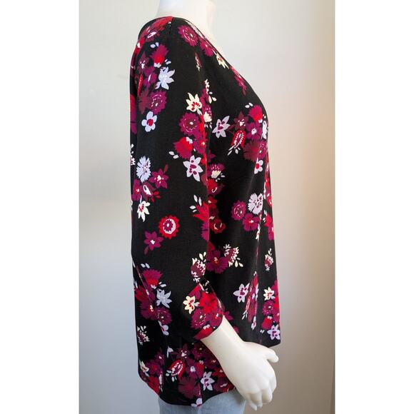 Ann Taylor Factory Top XL Black Pink Red Bold Floral Print 34 Sleeve Stretch - Picture 3 of 10